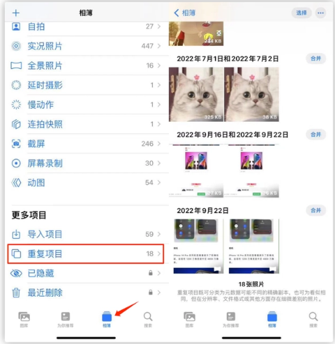 固阳苹果手机维修分享iOS 16 中相册重复项目功能使用方法 