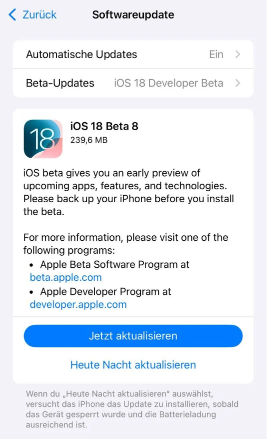 固阳苹果手机维修分享苹果 iOS / iPadOS 18 开发者预览版 Beta 8 发布 